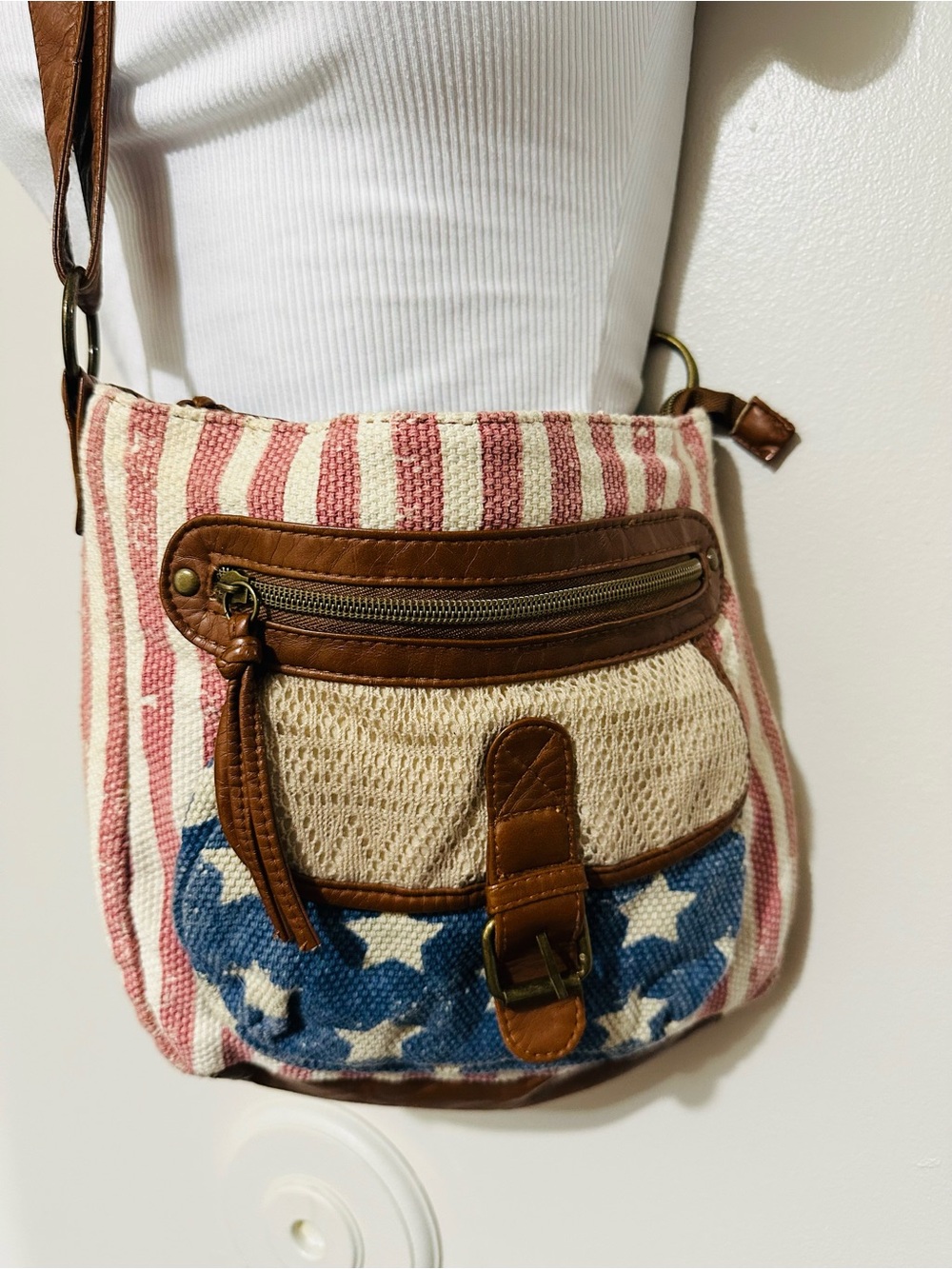jcpenney Red, Cream & Blue Woven Crossbody Bag with Star Accent